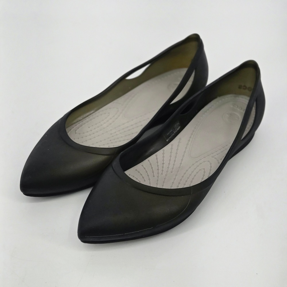 Crocs Rio Flat Black Translucent Pointed Toe Jelly Ballet Shoes Comfort 10 EUC